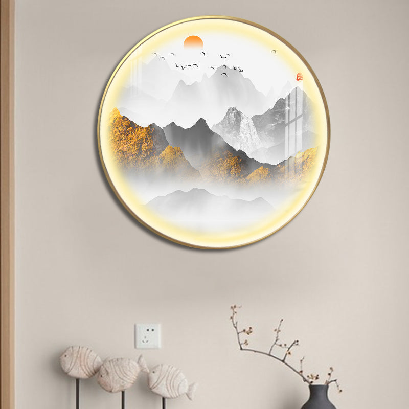 Gold Round Wall Mount Light Fixture Oriental LED Metallic Wall Mural Lamp with Mountain and Sun Pattern