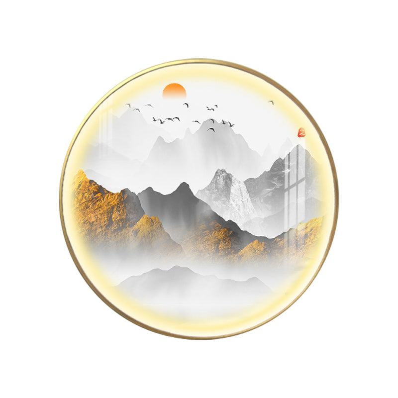 Gold Round Wall Mount Light Fixture Oriental LED Metallic Wall Mural Lamp with Mountain and Sun Pattern