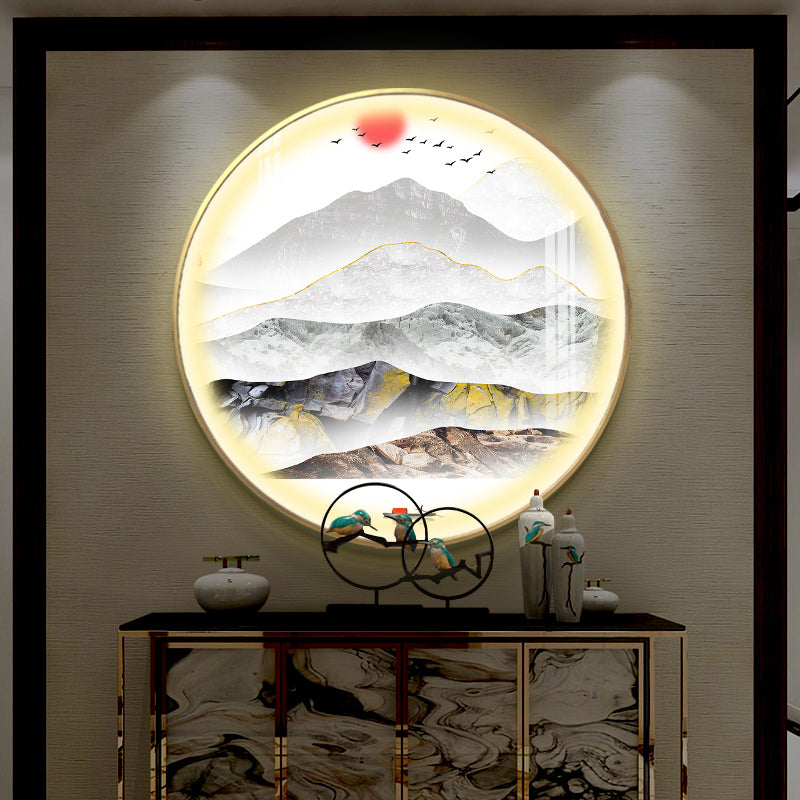 Gold Round Wall Mount Light Fixture Oriental LED Metallic Wall Mural Lamp with Mountain and Sun Pattern