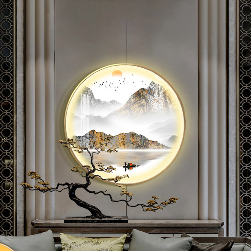 Gold Round Wall Mount Light Fixture Oriental LED Metallic Wall Mural Lamp with Mountain and Sun Pattern