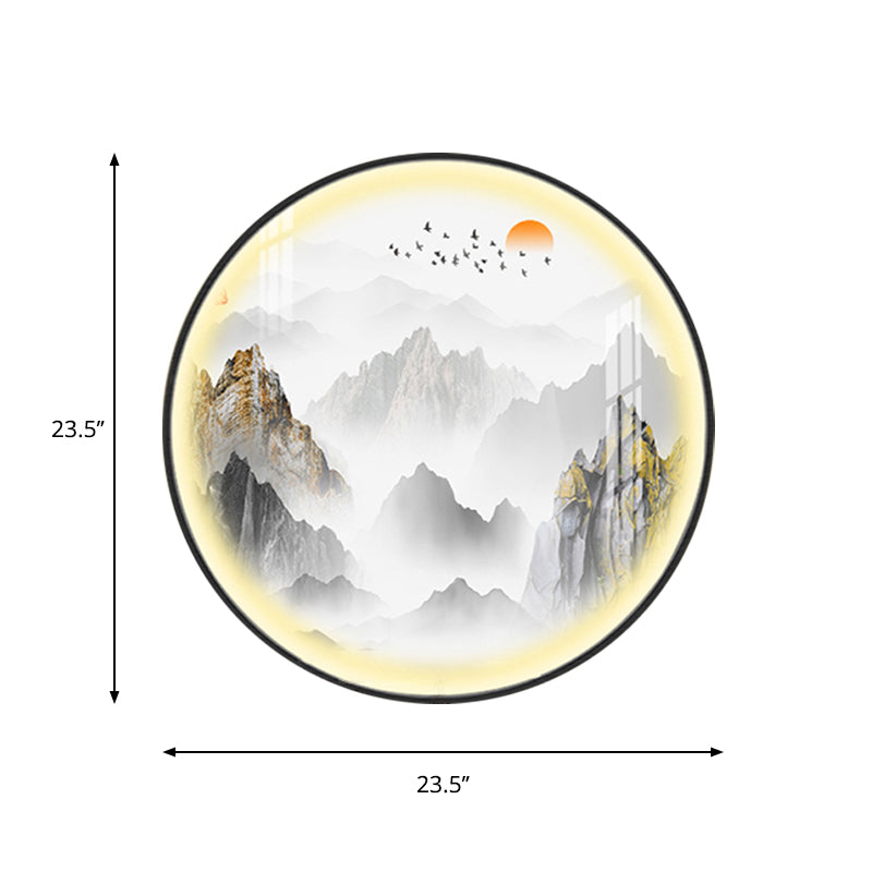 Chinees afgeronde metalen muurschildering Licht LED -wandverlichting in goud met berg- en zonpatroon