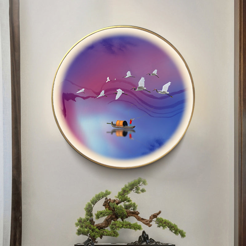 Purplish Blue Circular Wall Mural Light Asia LED Metallic Wall Lamp with Crane and Boat Pattern