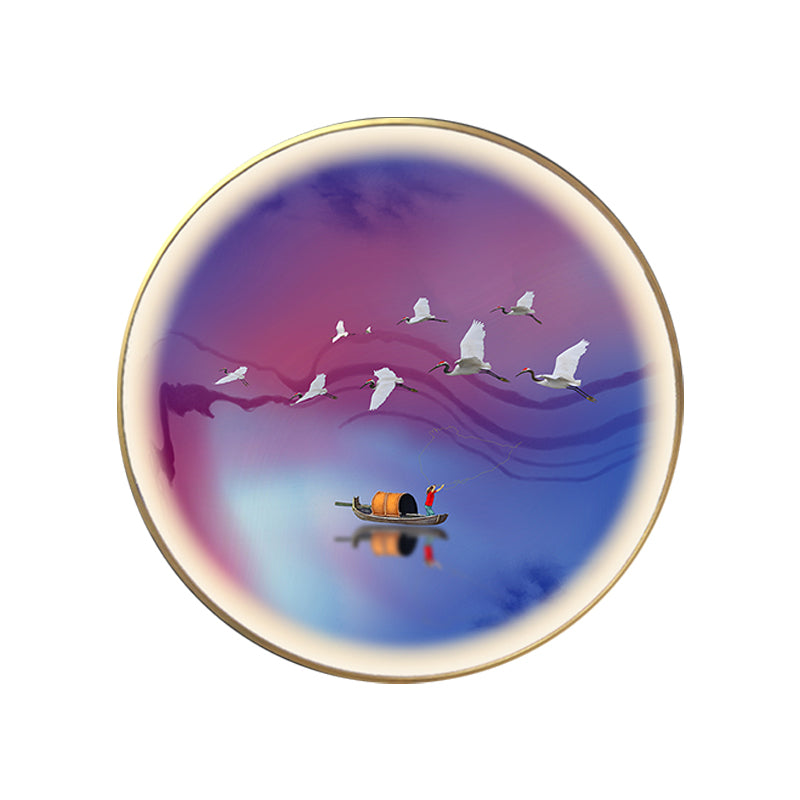 Purplish Blue Circular Wall Mural Light Asia LED Metallic Wall Lamp with Crane and Boat Pattern