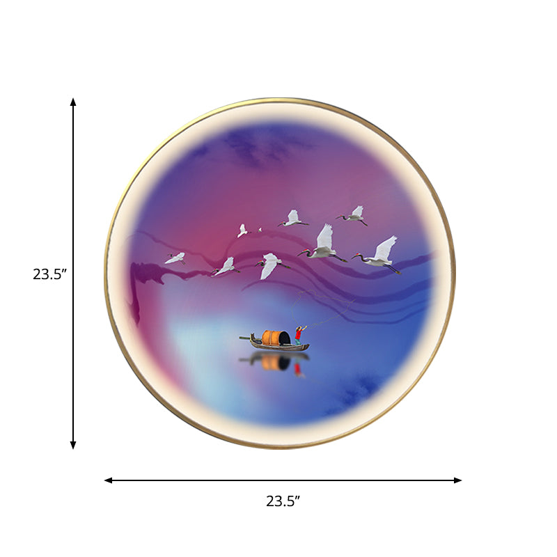 Purplish Blue Circular Wall Mural Light Asia LED Metallic Wall Lamp with Crane and Boat Pattern