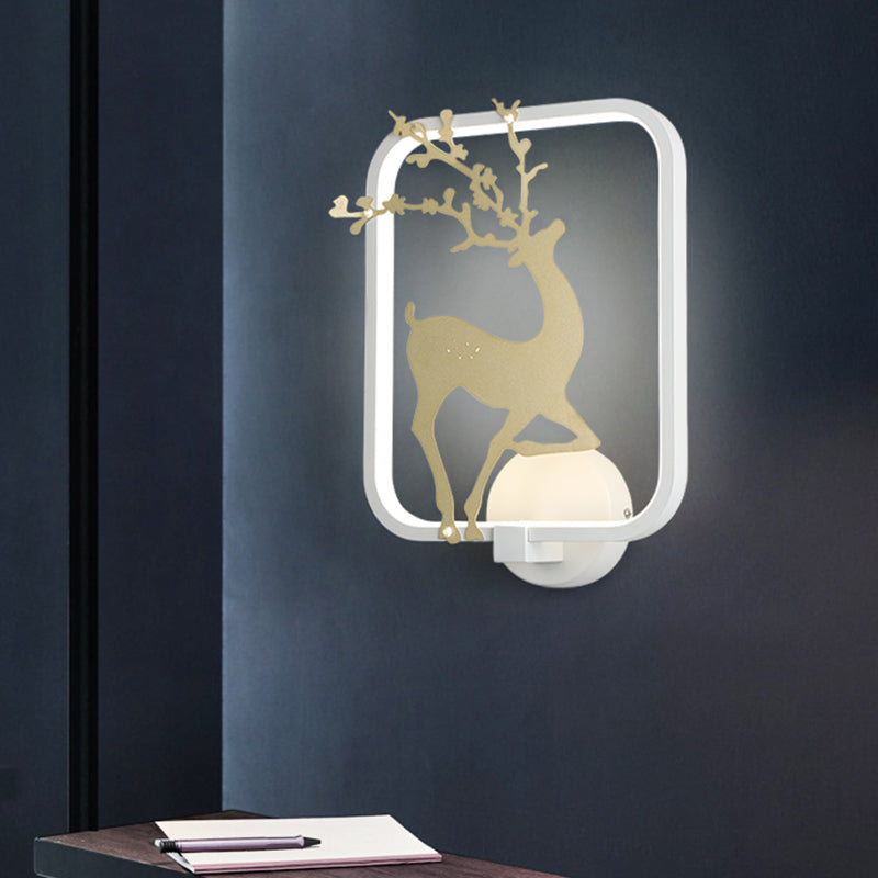 Minimal Style Rectangle Metal Wall Mural Lamp LED Wall Mount Light in Black/White with Elk Deer Pattern, Warm/White Light