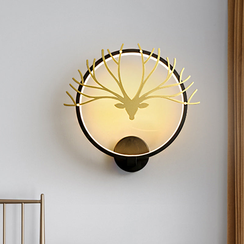 Circular Elk Deer Head Wall Lampe nordique Metal LED Black / Gol Mur Mural Lumière pour le chevet, Lumière chaude / blanche
