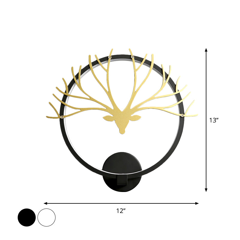 Circular Elk Deer Head Wall Lampe nordique Metal LED Black / Gol Mur Mural Lumière pour le chevet, Lumière chaude / blanche