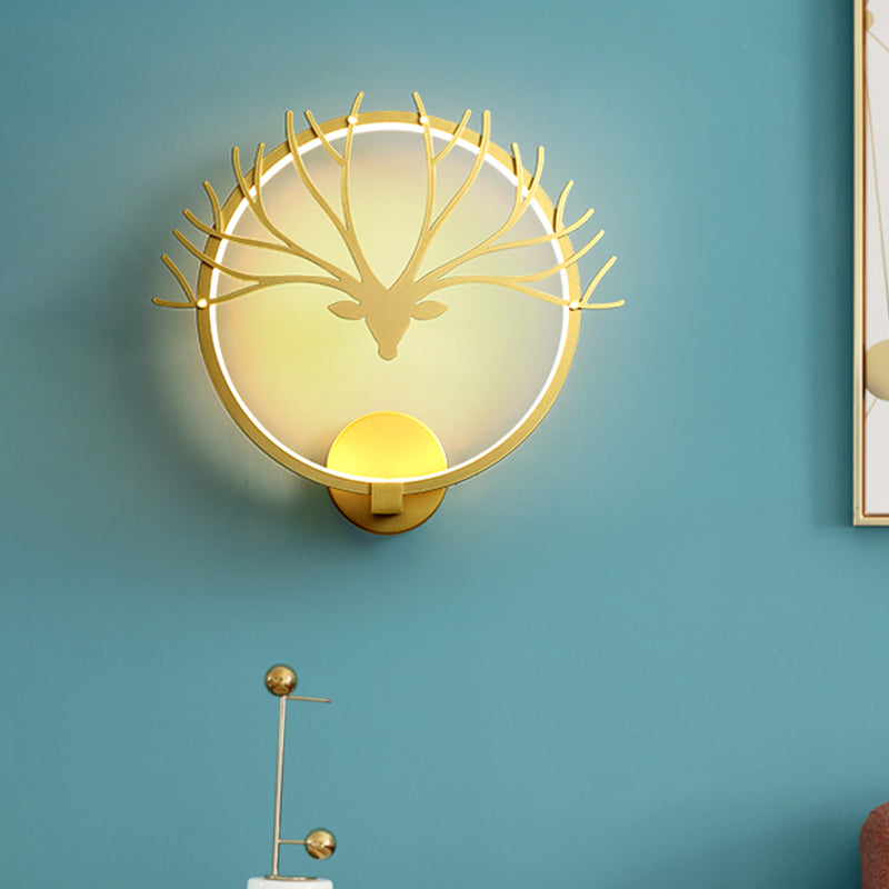 Circular Elk Deer Head Wall Lampe nordique Metal LED Black / Gol Mur Mural Lumière pour le chevet, Lumière chaude / blanche