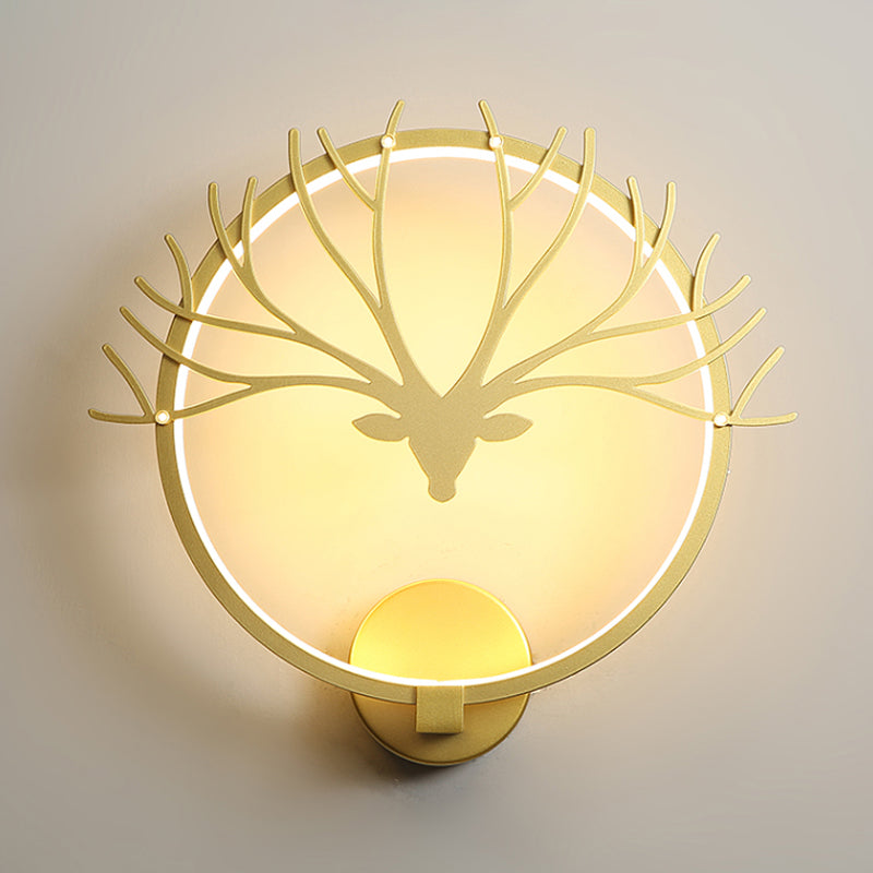 Circular Elk Deer Head Wall Lamp Nordic Style Metal LED Black/Gold Wall Mural Light for Bedside, Warm/White Light