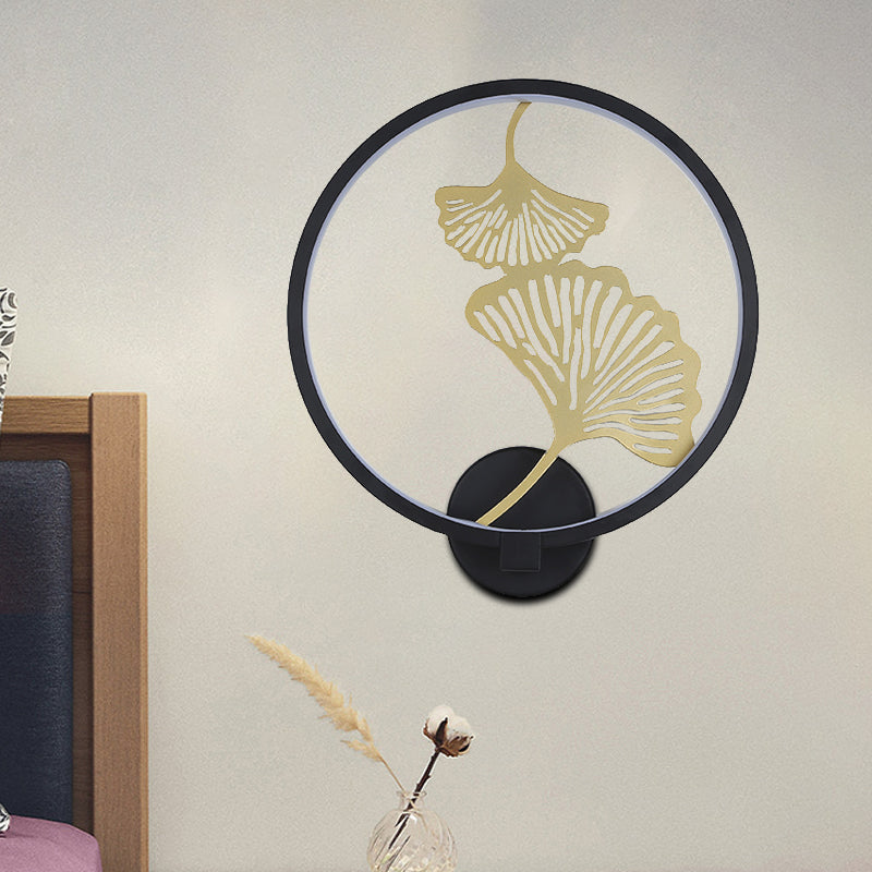 Black / White circulaire ginkgo mural lumière contemporain LED Éclairage mural métallique pour le salon, lumière chaude / blanche