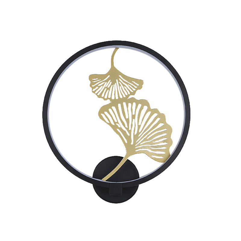 Black/White Circular Ginkgo Mural Light Contemporary LED Metallic Wall Lighting Idea for Living Room, Warm/White Light
