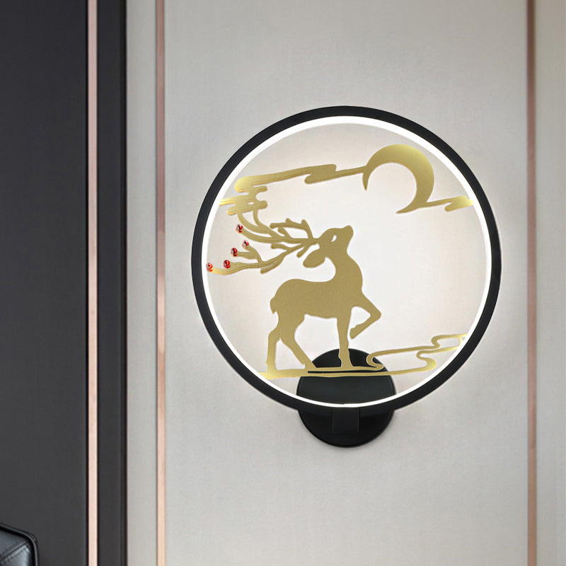 Modernism Style Round Metal Wall Lighting LED Wall Mural Light in Black/White with Elk Deer Pattern, Warm/White Light