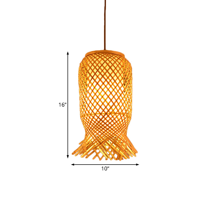 Hand Knitted Bamboo Lantern Drop Light Asian Single Pendant Light in Beige for Restaurant