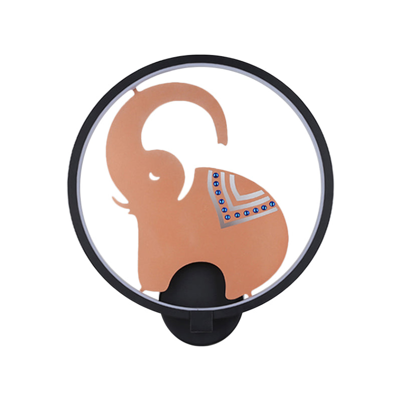 Postmodern Style Circular Metallic Mural Lamp LED Elephant Wall Lighting Fixture in White-Red/Black-Red/White-Gold for Bedroom, Warm/White Light