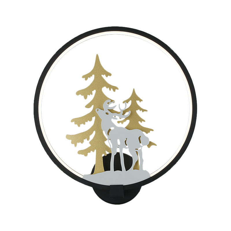 Black/White Round Deer and Tree Mural Light Minimalist Style LED Metal Wall Lighting Fixture, Warm/White Light