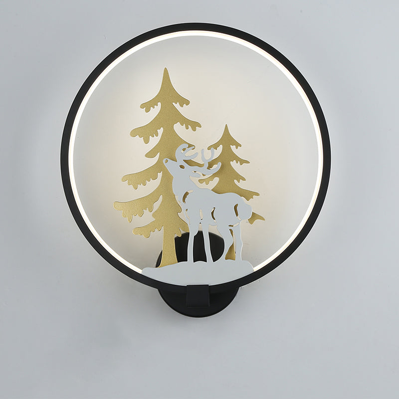Black/White Round Deer and Tree Mural Light Minimalist Style LED Metal Wall Lighting Fixture, Warm/White Light
