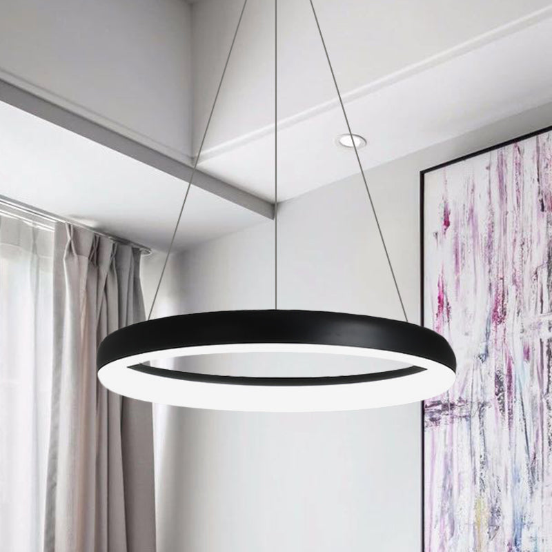 Ring Hanging Chandelier Minimalist Metal White/Black Finish LED Pendulum Light in White/Warm Light, 16"/23.5"/31.5" Dia