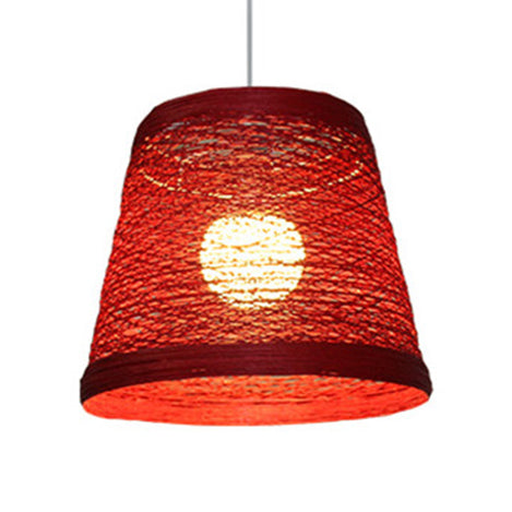 Rattan Trapezoid Hanging Pendant Lamp Rustic One Head Suspension Lighting in Red/Orange/White/Brown/Begie
