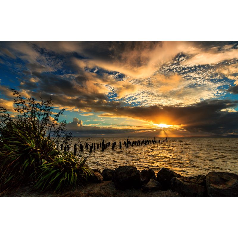 Yellow-Blue Contemporary Mural Huge Sunset Sea with Wood Breakwater Wall Covering for Home
