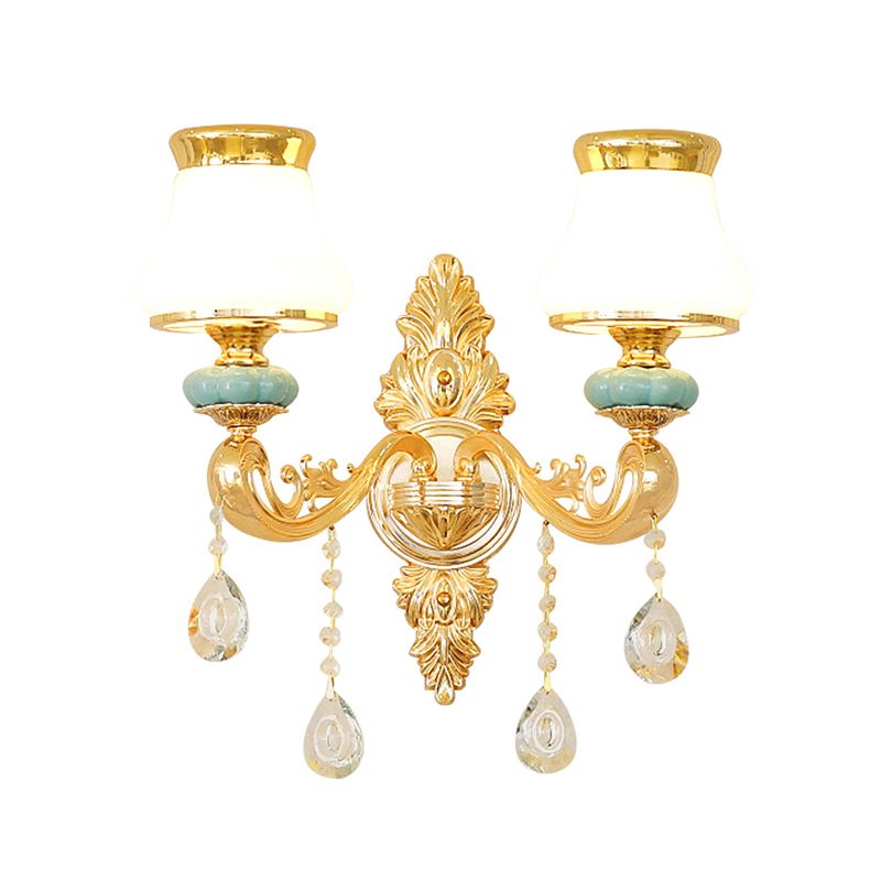 Bud Shade Opal Glass Wall Light Classic Living Room Wall Lighting Fixture with K9 Crystal Accent in Gold