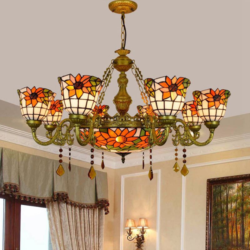 Mehrfarbiger umgekehrter Kronleuchter im Vintage-Stil, Buntglas, 9 Lichter, dekorative Hängeleuchte mit Sonnenblumenmuster
