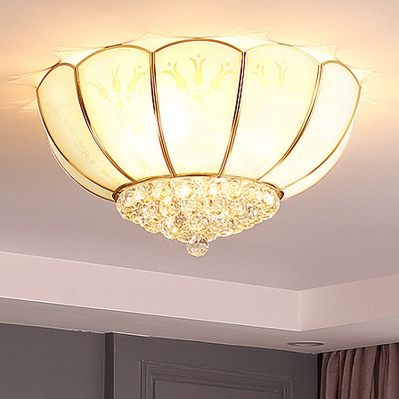Farmhouse Bowl Semi Flush Mount Light Frosted Glass Ceiling Lighting in Brass with Orb Crystal Accent