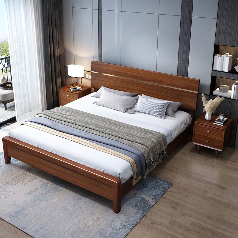 Mid-Century Modern Standard Bed Walnut Espresso Bed Frame With Custom Gold Legs