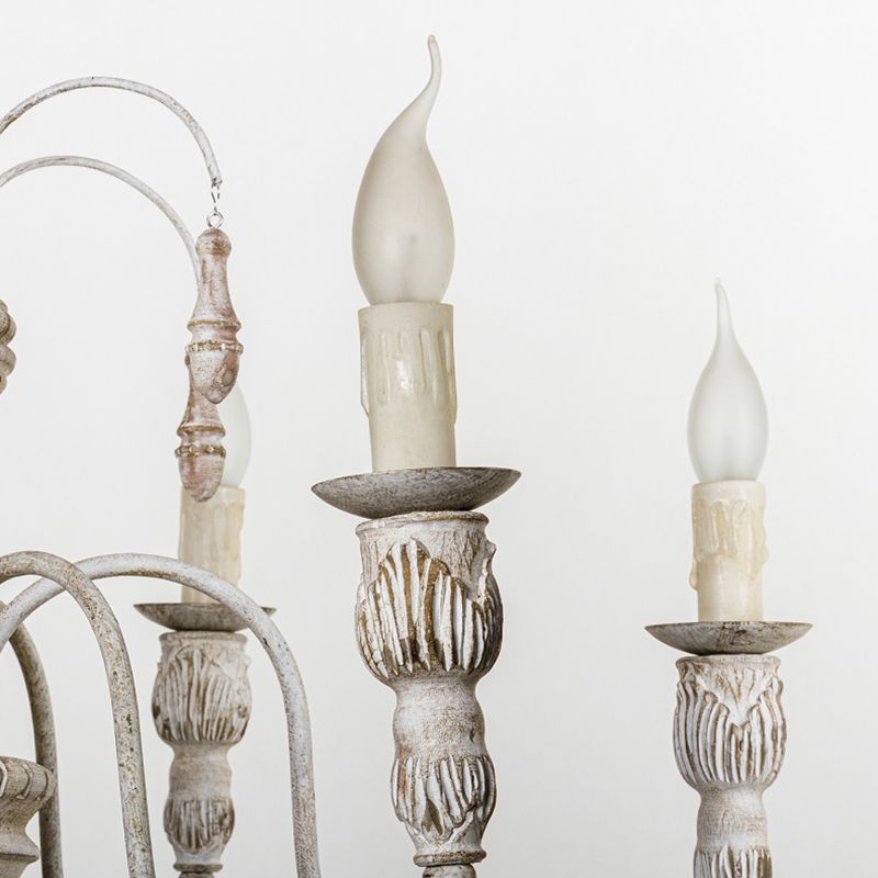 Hand Carving Aged Solid Wood Chandelier 6-light Rustic Style Candlestick Design Lighting Fixture for Coffee Shop