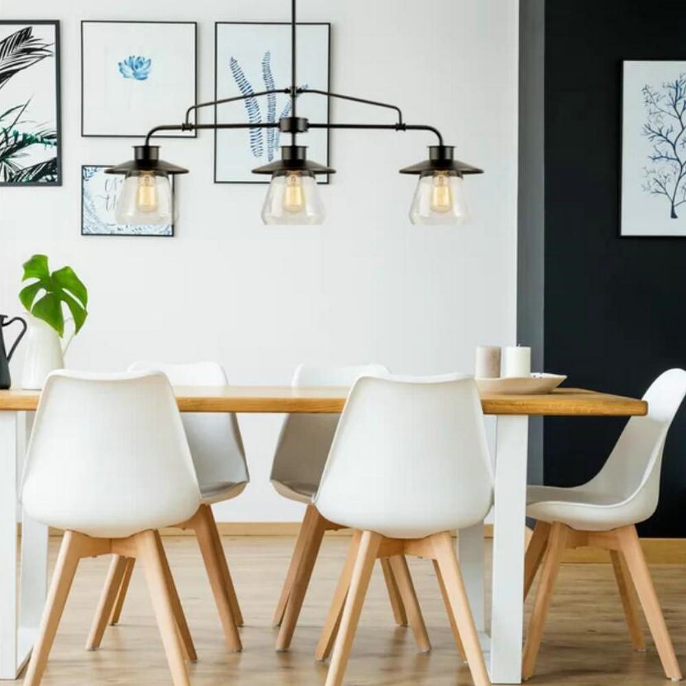 3 Bulbs Clear Glass Island Lighting Vintage Black Jar Shaped Dining Room Hanging Lamp Kit