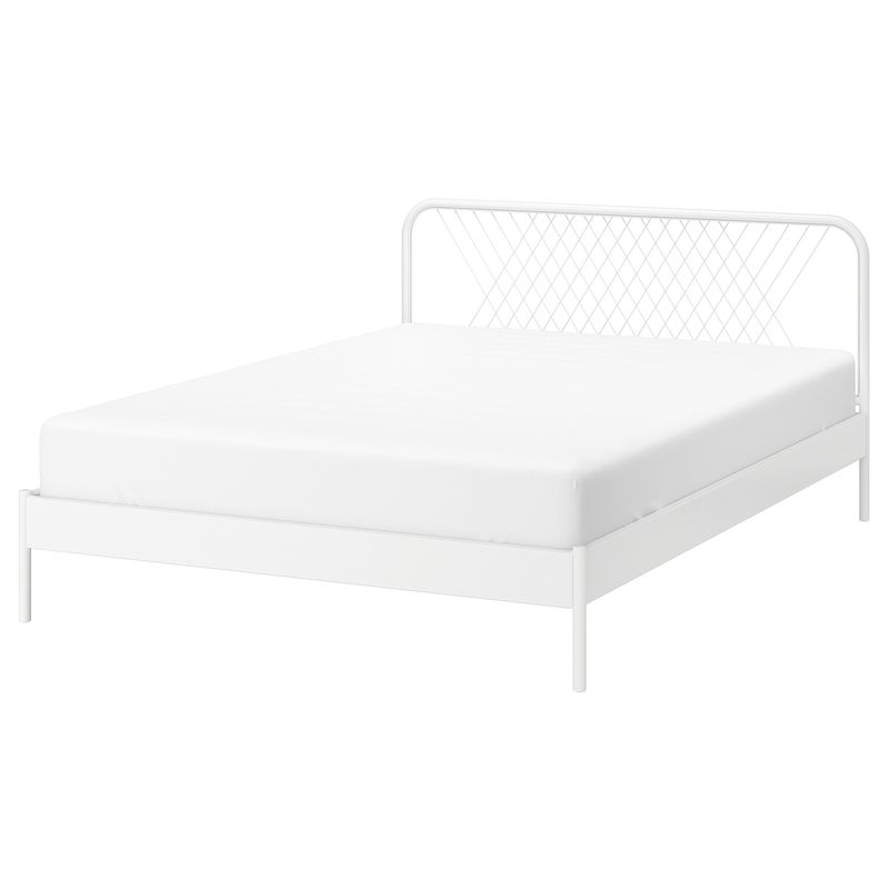 White Metal Panel Bed Glam Standard Bed with Open-Frame Headboard