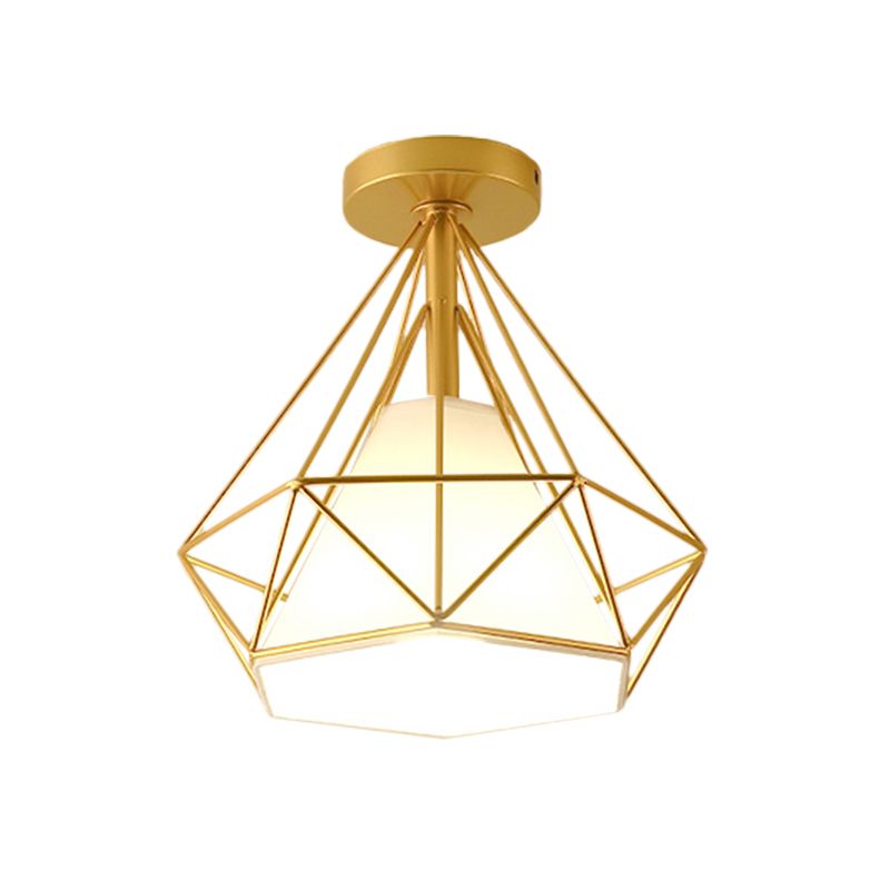 Gold Cage Diamond Semi Flush Hanglamp Vintage Industrieel Metaal 1 Licht Slaapkamer Plafondlamp