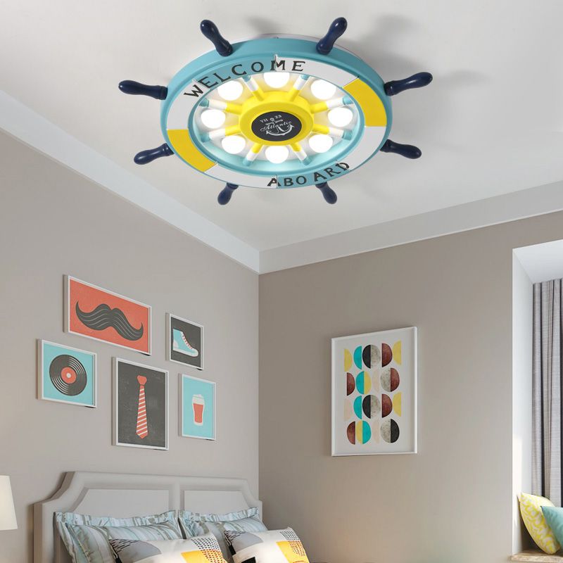 Children's Room Ceiling Light Creative Boy Bedroom Mediterranean Style Ocean Cartoon Wooden Pirate Ship Rudder Energy-saving Lamps