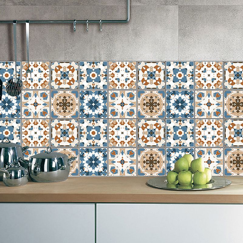 Boho Chic Flower-Like Wallpaper Panels PVC Peel and Paste Blue-Brown Wall Art for Kitchen