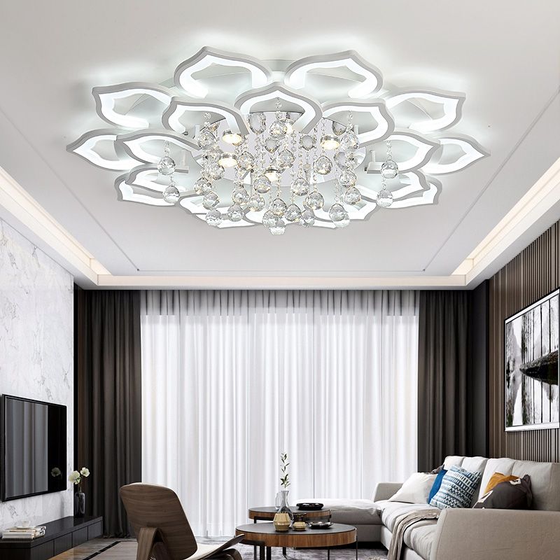 6/16/20 Lights Living Room Ceiling Light White Flush Mount Light Fixture in Warm/White Light with Floral Acrylic Shade and Crystal Drop