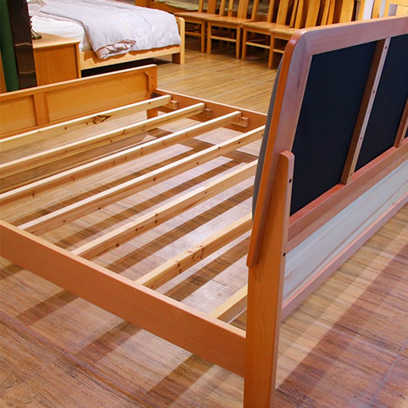 Mid-century Style Bed Frame Solid Wood Bed with Upholstered Headboard