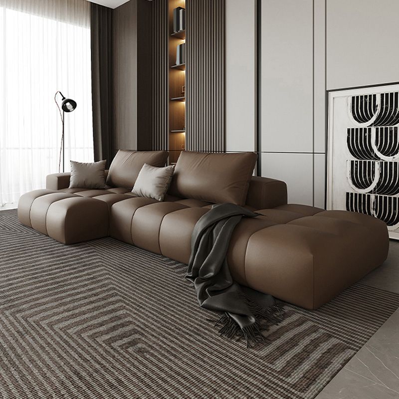 Dark Brown Faux Leather Sectional Stain-Resistant One Arm Sectional for Living Room