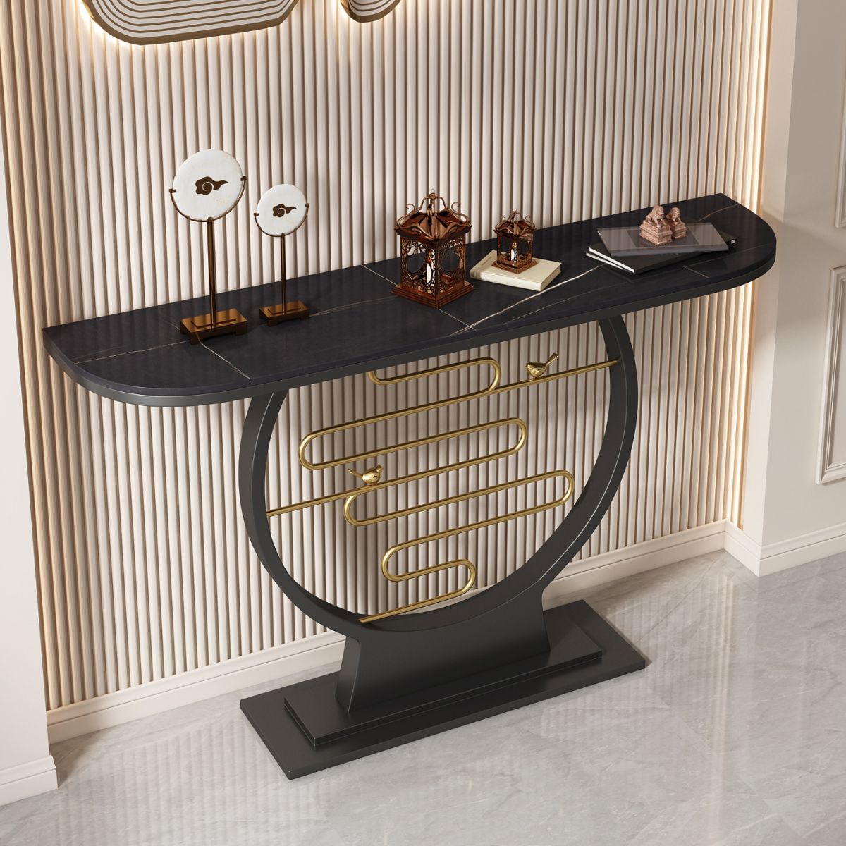 Glam Console Accent Table Antique Finish Sofa Console Table in Stone