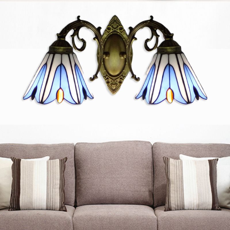 Floral Lighting Sconce Tiffany Style Stained Glass 2-Light Wall Light Fixtures in Blue for Corridor