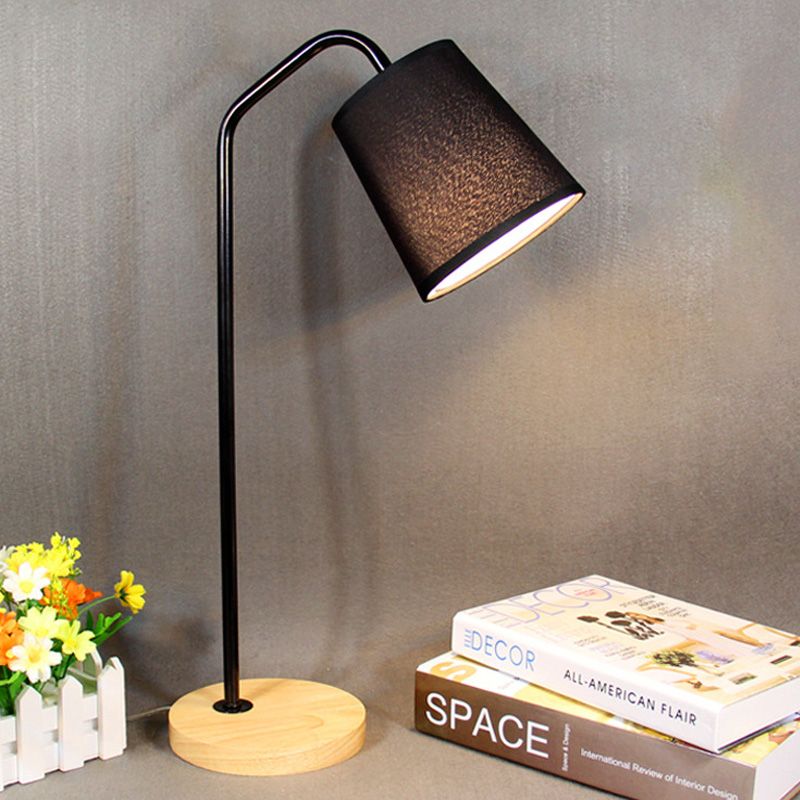 Conical Fabric Task Light Modernism 1 Bulb Black Small Desk Lamp with Beige Round Wood Base