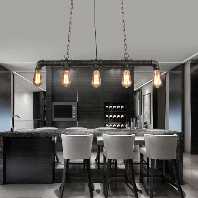 5 Lights Water Pipe Pendant Steampunk Metal Island Lighting Fixture for Dining Room