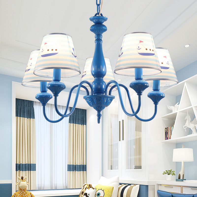 Modern Empire Shade Ceiling Lighting Patterned Fabric 5 Heads Child Room Chandelier Light Fixture in Blue