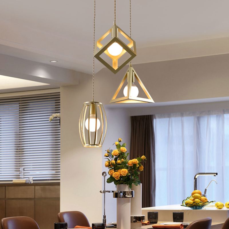 Metal Golden Hanging Lamp Wire Frame 3 Lights Farmhouse Suspended Light with Round/Linear Canopy for Living Room