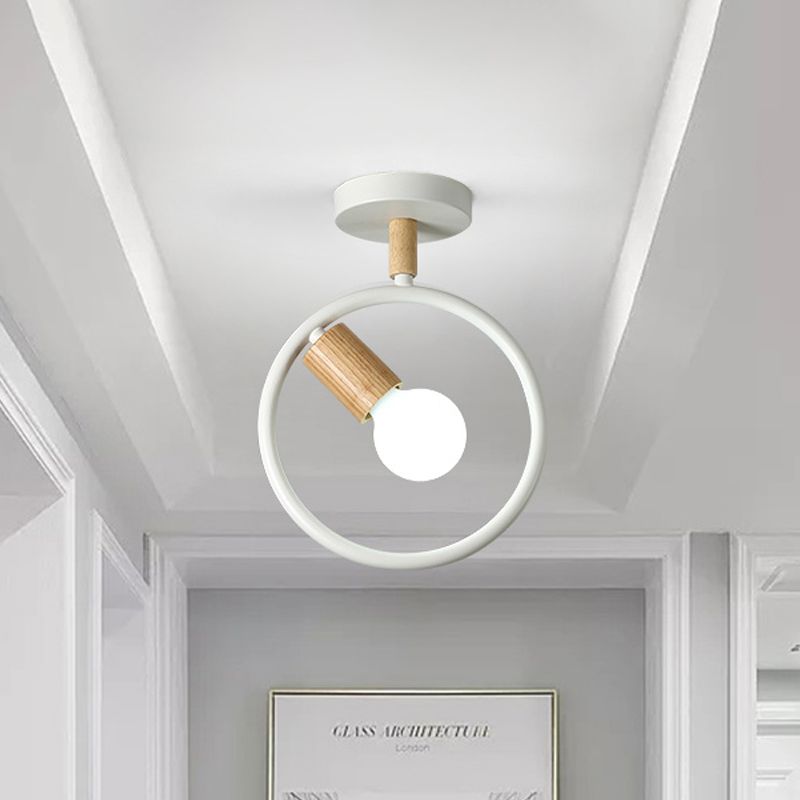 Circle Metal Flushmount Lighting Simple 1 Bulb Grey/Green/White Semi Close to Ceiling Lamp with Tube Wood Arm
