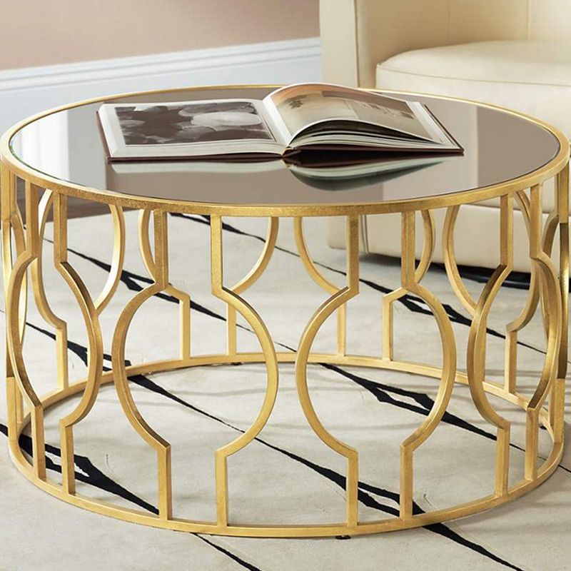 Contemporary Round Glass Coffee Table Brass Metal Frame 1 Single Cocktail Table