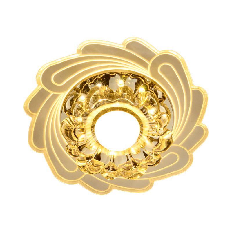 Floral Crystal Ceiling Light Flush Mount Simplicity LED Hallway Flushmount in White with Spiral Edge, Warm/White/Multi Color Light