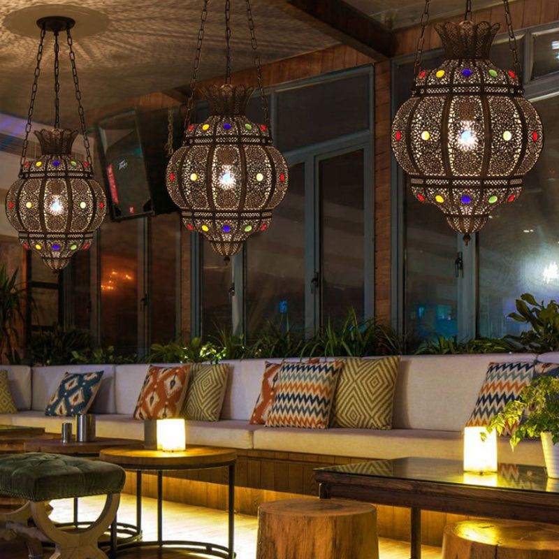 Oval Restaurant Ceiling Suspension Lamp Arabian Metal 1 Head Black Hanging Pendant Light