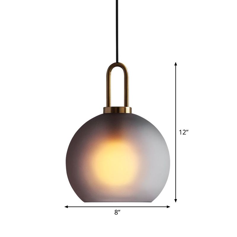 Frosted Smoky Grey Glass Sphere Pendant Modern Single-Bulb Brass Ceiling Hang Light with Handle, 8"/10"/12" Wide