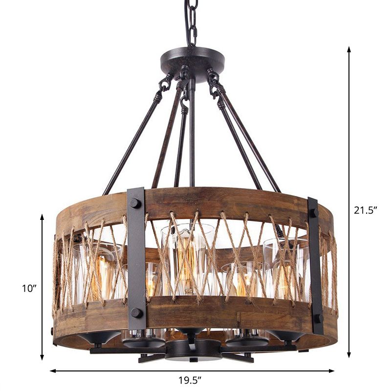 5-Light Metal Chandelier Light Fixture Retro Black Rope-weaved Wooden Drum Dining Room Pendant Chandelier
