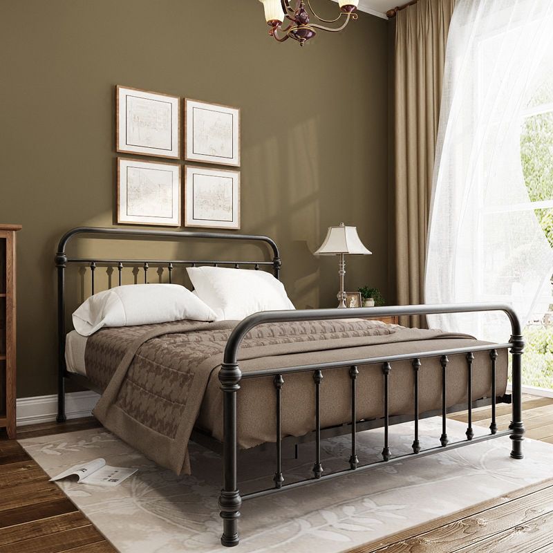 Modern Black Iron Bed with Rectangle Headboard and Metal Legs