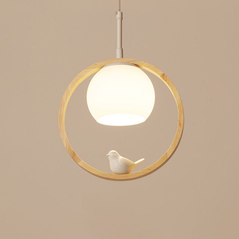 Dome Shade White Glass Pendant Nordic Style Wood Suspension Light with Ring and Bird